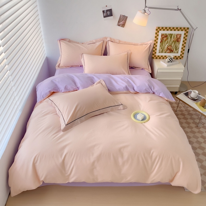 91家纺网 家纺一手货源 找家纺 锦彩家居 2026新款40支正宗13372双拼纯色全棉四件套酒店宾馆民宿学生三件套（可定制）标准号的床单是圆角吊边；小号和加大的床单都是直角 蜜桃粉-浅紫