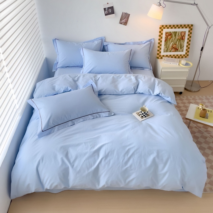 91家纺网 家纺一手货源 找家纺 锦彩家居 2026新款40支正宗13372双拼纯色全棉四件套酒店宾馆民宿学生三件套（可定制）标准号的床单是圆角吊边；小号和加大的床单都是直角 天蓝