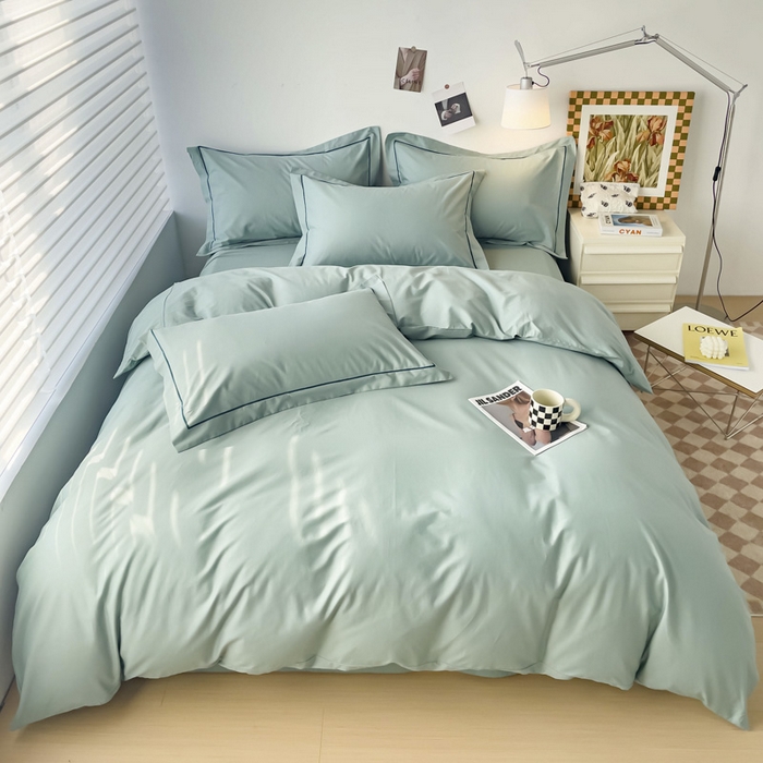 91家纺网 家纺一手货源 找家纺 锦彩家居 2026新款40支正宗13372双拼纯色全棉四件套酒店宾馆民宿学生三件套（可定制）标准号的床单是圆角吊边；小号和加大的床单都是直角 豆绿