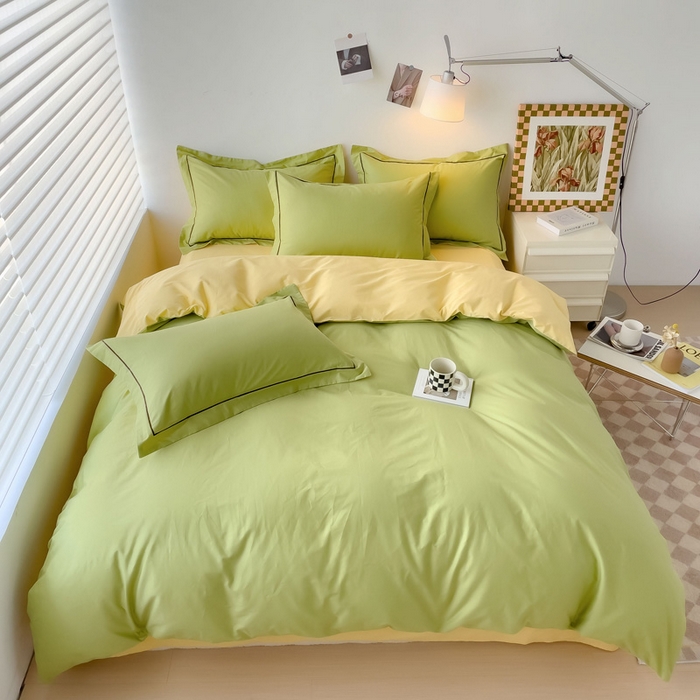 91家纺网 家纺一手货源 找家纺 锦彩家居 2026新款40支正宗13372双拼纯色全棉四件套酒店宾馆民宿学生三件套（可定制）标准号的床单是圆角吊边；小号和加大的床单都是直角 抹茶绿-初黄