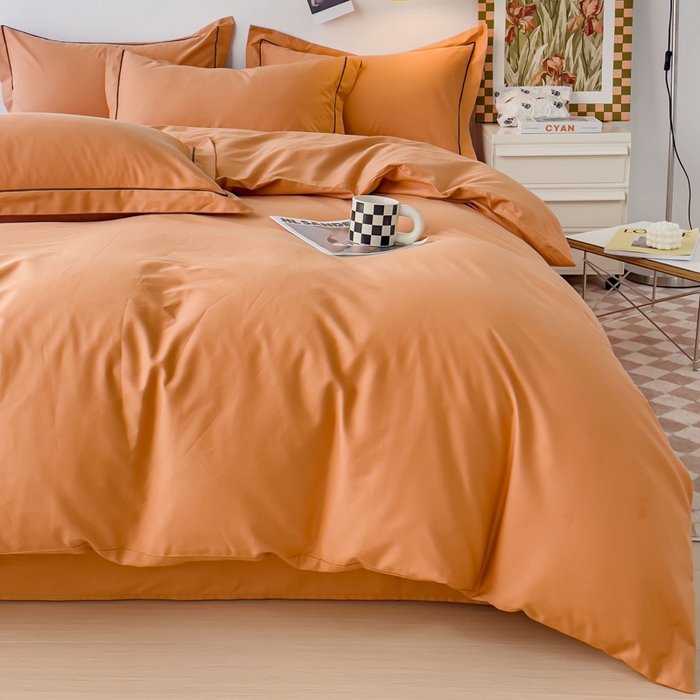 91家纺网 家纺一手货源 找家纺 锦彩家居 2026新款40支正宗13372双拼纯色全棉四件套酒店宾馆民宿学生三件套（可定制）标准号的床单是圆角吊边；小号和加大的床单都是直角 南瓜橘