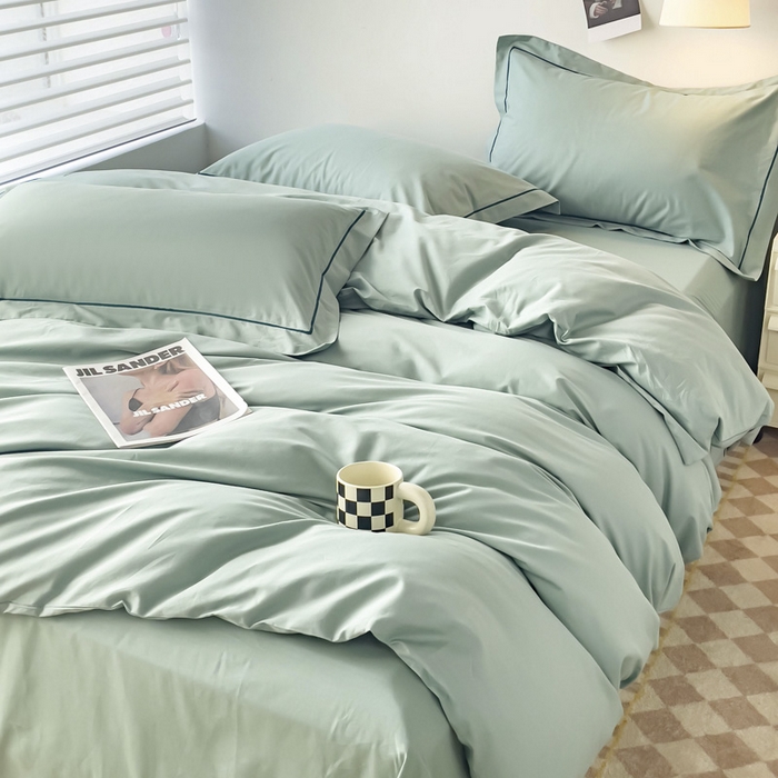 91家纺网 家纺一手货源 找家纺 锦彩家居 2026新款40支正宗13372双拼纯色全棉四件套酒店宾馆民宿学生三件套（可定制）标准号的床单是圆角吊边；小号和加大的床单都是直角 豆绿