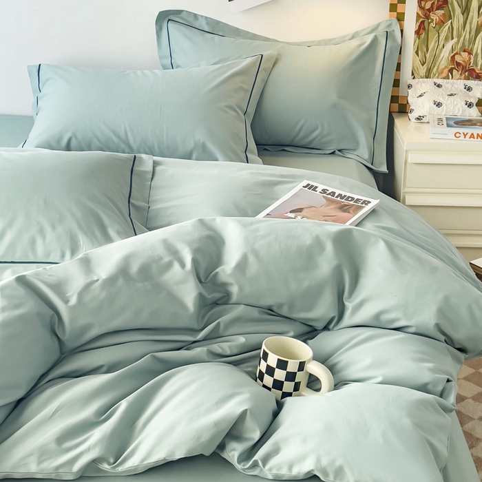 91家纺网 家纺一手货源 找家纺 锦彩家居 2026新款40支正宗13372双拼纯色全棉四件套酒店宾馆民宿学生三件套（可定制）标准号的床单是圆角吊边；小号和加大的床单都是直角 豆绿