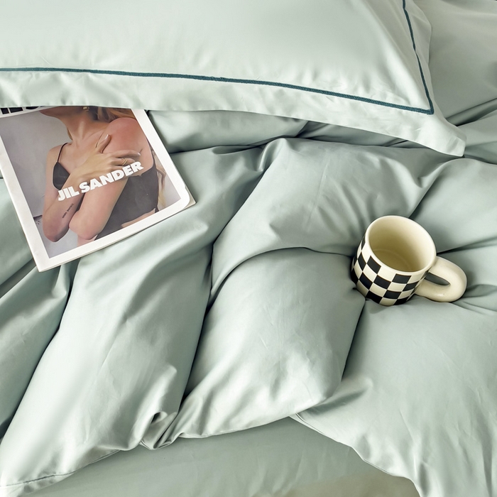 91家纺网 家纺一手货源 找家纺 锦彩家居 2026新款40支正宗13372双拼纯色全棉四件套酒店宾馆民宿学生三件套（可定制）标准号的床单是圆角吊边；小号和加大的床单都是直角 豆绿