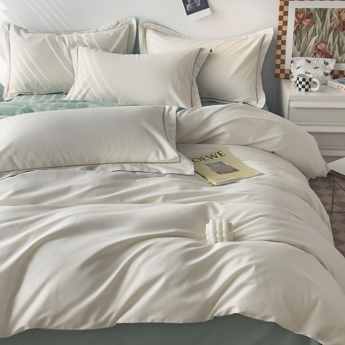 91家纺网 家纺一手货源 找家纺 锦彩家居 2026新款40支正宗13372双拼纯色全棉四件套酒店宾馆民宿学生三件套（可定制）标准号的床单是圆角吊边；小号和加大的床单都是直角 奶昔白-豆绿