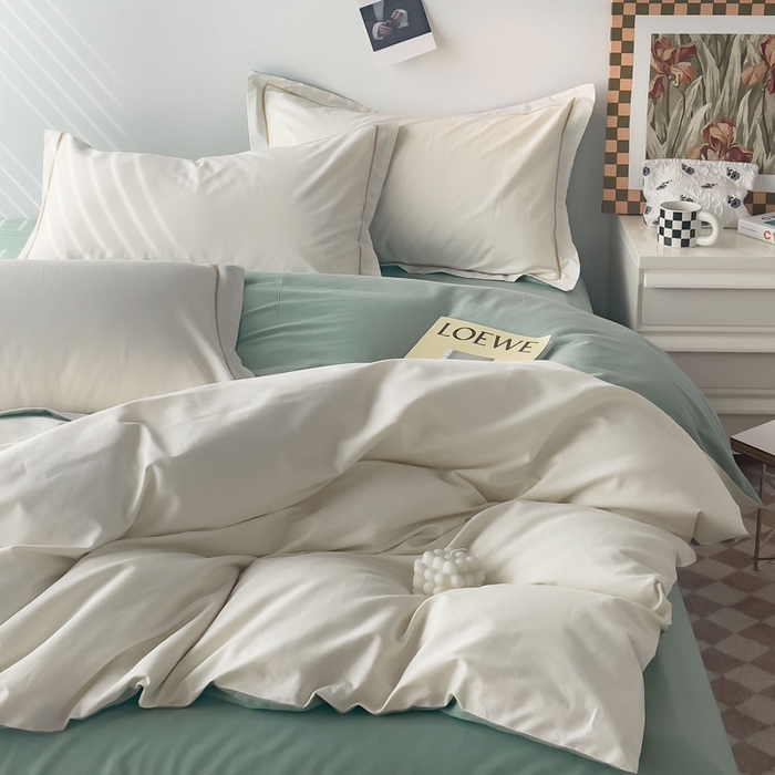 91家纺网 家纺一手货源 找家纺 锦彩家居 2026新款40支正宗13372双拼纯色全棉四件套酒店宾馆民宿学生三件套（可定制）标准号的床单是圆角吊边；小号和加大的床单都是直角 奶昔白-豆绿