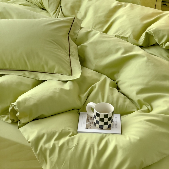 91家纺网 家纺一手货源 找家纺 锦彩家居 2026新款40支正宗13372双拼纯色全棉四件套酒店宾馆民宿学生三件套（可定制）标准号的床单是圆角吊边；小号和加大的床单都是直角 抹茶绿