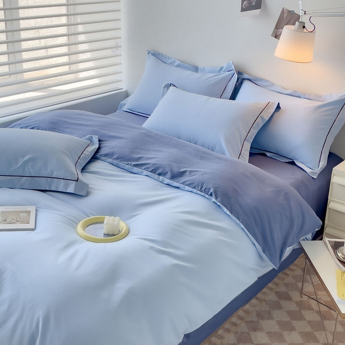 91家纺网 家纺一手货源 找家纺 锦彩家居 2026新款40支正宗13372双拼纯色全棉四件套酒店宾馆民宿学生三件套（可定制）标准号的床单是圆角吊边；小号和加大的床单都是直角 天蓝-宾利蓝