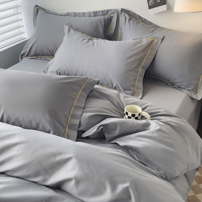 91家纺网 家纺一手货源 找家纺 锦彩家居 2026新款40支正宗13372双拼纯色全棉四件套酒店宾馆民宿学生三件套（可定制）标准号的床单是圆角吊边；小号和加大的床单都是直角 中灰