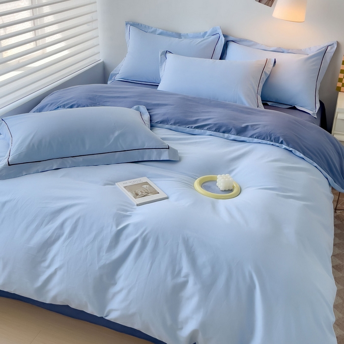 91家纺网 家纺一手货源 找家纺 锦彩家居 2026新款40支正宗13372双拼纯色全棉四件套酒店宾馆民宿学生三件套（可定制）标准号的床单是圆角吊边；小号和加大的床单都是直角 天蓝-宾利蓝