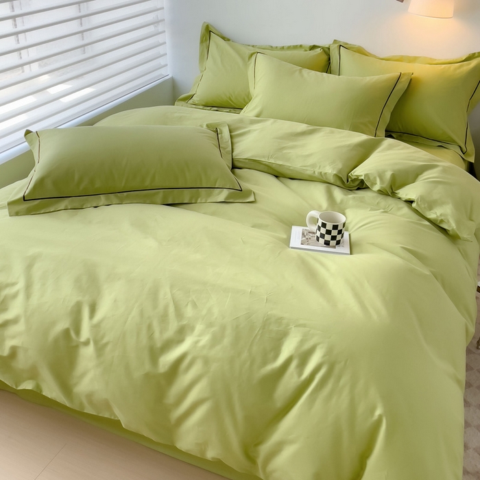 91家纺网 家纺一手货源 找家纺 锦彩家居 2026新款40支正宗13372双拼纯色全棉四件套酒店宾馆民宿学生三件套（可定制）标准号的床单是圆角吊边；小号和加大的床单都是直角 抹茶绿