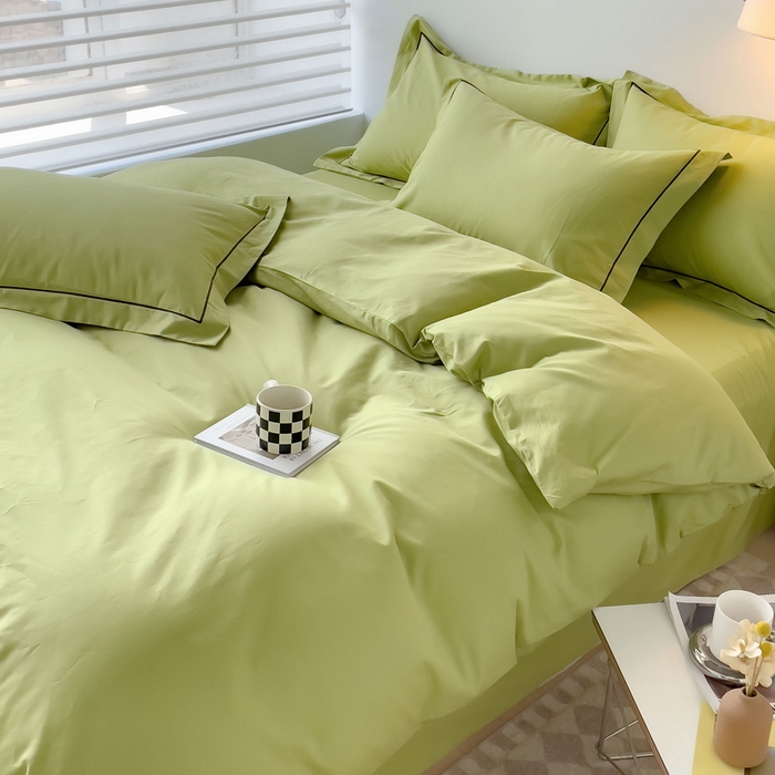 91家纺网 家纺一手货源 找家纺 锦彩家居 2026新款40支正宗13372双拼纯色全棉四件套酒店宾馆民宿学生三件套（可定制）标准号的床单是圆角吊边；小号和加大的床单都是直角 抹茶绿