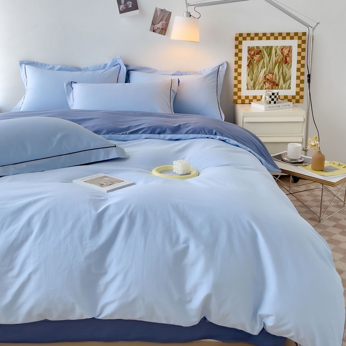91家纺网 家纺一手货源 找家纺 锦彩家居 2026新款40支正宗13372双拼纯色全棉四件套酒店宾馆民宿学生三件套（可定制）标准号的床单是圆角吊边；小号和加大的床单都是直角 天蓝-宾利蓝