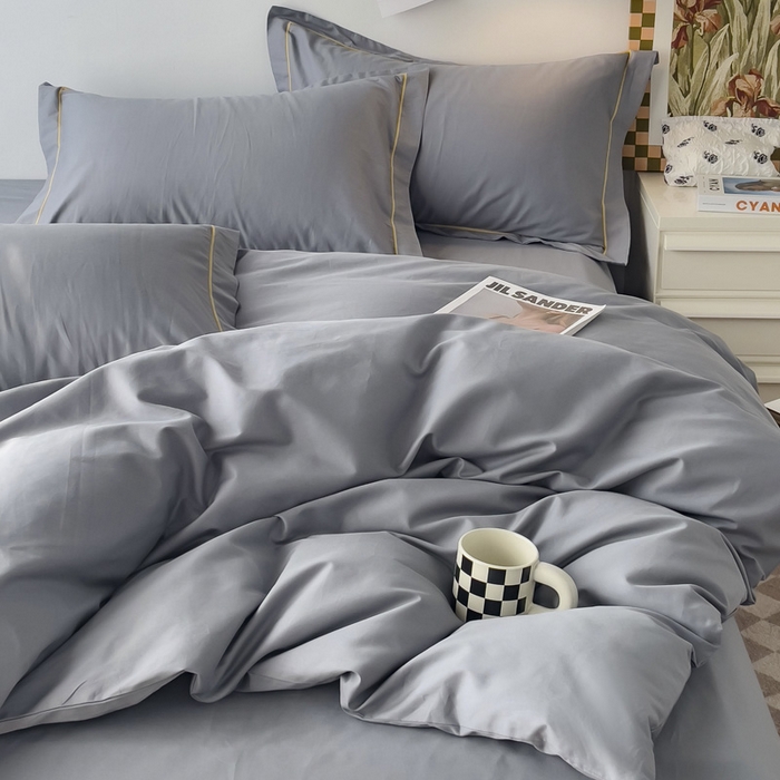 91家纺网 家纺一手货源 找家纺 锦彩家居 2026新款40支正宗13372双拼纯色全棉四件套酒店宾馆民宿学生三件套（可定制）标准号的床单是圆角吊边；小号和加大的床单都是直角 中灰