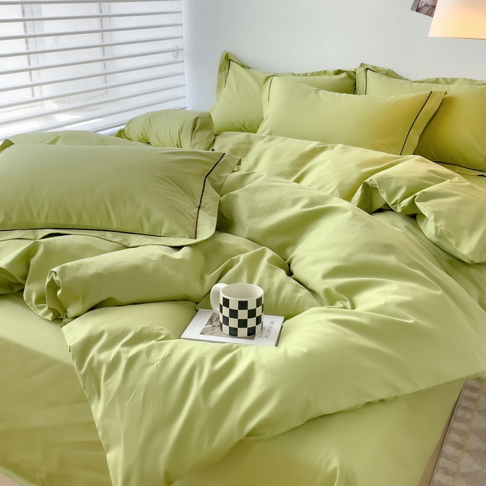 91家纺网 家纺一手货源 找家纺 锦彩家居 2026新款40支正宗13372双拼纯色全棉四件套酒店宾馆民宿学生三件套（可定制）标准号的床单是圆角吊边；小号和加大的床单都是直角 抹茶绿
