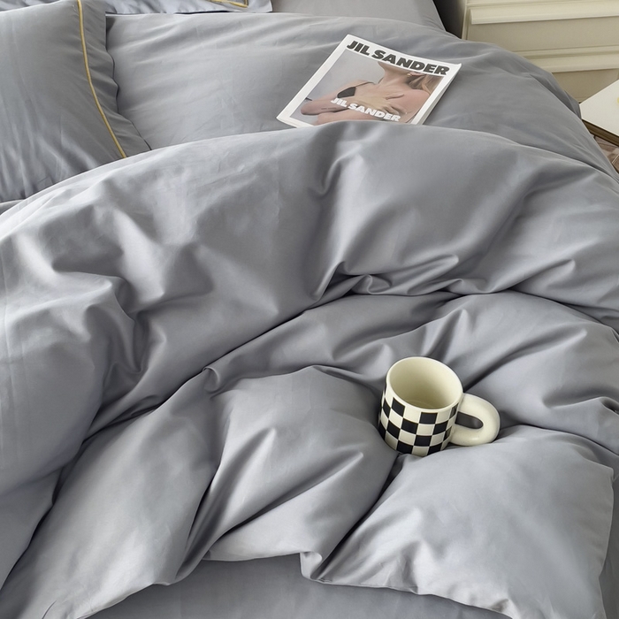 91家纺网 家纺一手货源 找家纺 锦彩家居 2026新款40支正宗13372双拼纯色全棉四件套酒店宾馆民宿学生三件套（可定制）标准号的床单是圆角吊边；小号和加大的床单都是直角 中灰