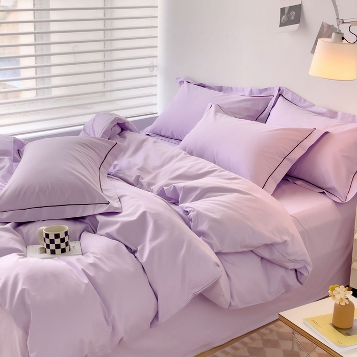 91家纺网 家纺一手货源 找家纺 锦彩家居 2026新款40支正宗13372双拼纯色全棉四件套酒店宾馆民宿学生三件套（可定制）标准号的床单是圆角吊边；小号和加大的床单都是直角 浅紫