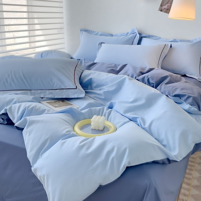 91家纺网 家纺一手货源 找家纺 锦彩家居 2026新款40支正宗13372双拼纯色全棉四件套酒店宾馆民宿学生三件套（可定制）标准号的床单是圆角吊边；小号和加大的床单都是直角 天蓝-宾利蓝