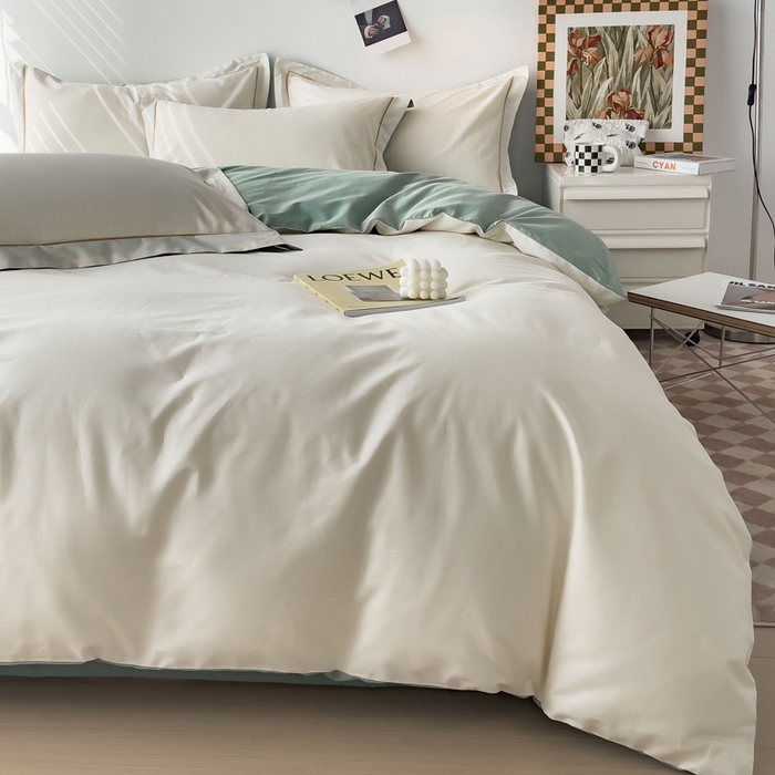 91家纺网 家纺一手货源 找家纺 锦彩家居 2026新款40支正宗13372双拼纯色全棉四件套酒店宾馆民宿学生三件套（可定制）标准号的床单是圆角吊边；小号和加大的床单都是直角 奶昔白-豆绿