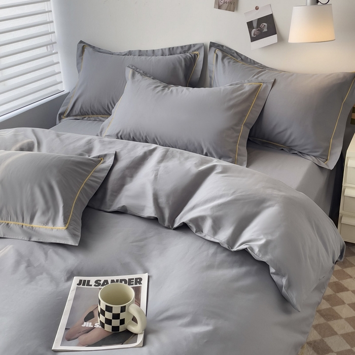 91家纺网 家纺一手货源 找家纺 锦彩家居 2026新款40支正宗13372双拼纯色全棉四件套酒店宾馆民宿学生三件套（可定制）标准号的床单是圆角吊边；小号和加大的床单都是直角 中灰