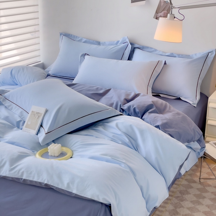 91家纺网 家纺一手货源 找家纺 锦彩家居 2026新款40支正宗13372双拼纯色全棉四件套酒店宾馆民宿学生三件套（可定制）标准号的床单是圆角吊边；小号和加大的床单都是直角 天蓝-宾利蓝