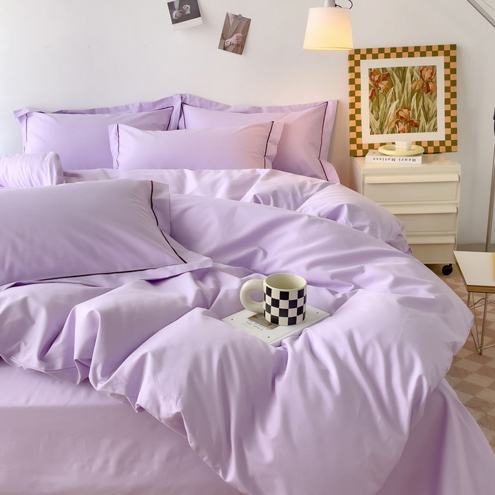 91家纺网 家纺一手货源 找家纺 锦彩家居 2026新款40支正宗13372双拼纯色全棉四件套酒店宾馆民宿学生三件套（可定制）标准号的床单是圆角吊边；小号和加大的床单都是直角 浅紫