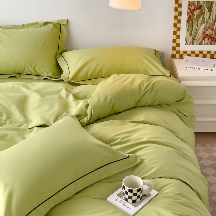 91家纺网 家纺一手货源 找家纺 锦彩家居 2026新款40支正宗13372双拼纯色全棉四件套酒店宾馆民宿学生三件套（可定制）标准号的床单是圆角吊边；小号和加大的床单都是直角 抹茶绿