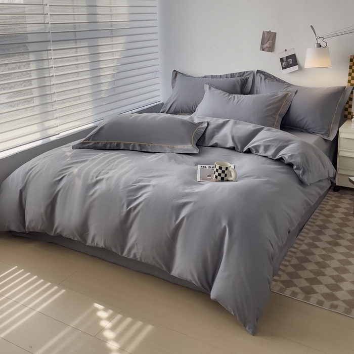 91家纺网 家纺一手货源 找家纺 锦彩家居 2026新款40支正宗13372双拼纯色全棉四件套酒店宾馆民宿学生三件套（可定制）标准号的床单是圆角吊边；小号和加大的床单都是直角 中灰