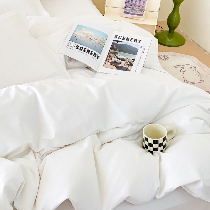 91家纺网 家纺一手货源 找家纺 锦彩家居 2026新款40支正宗13372双拼纯色全棉四件套酒店宾馆民宿学生三件套（可定制）标准号的床单是圆角吊边；小号和加大的床单都是直角 拉链款纯白--枕套不含一字绣