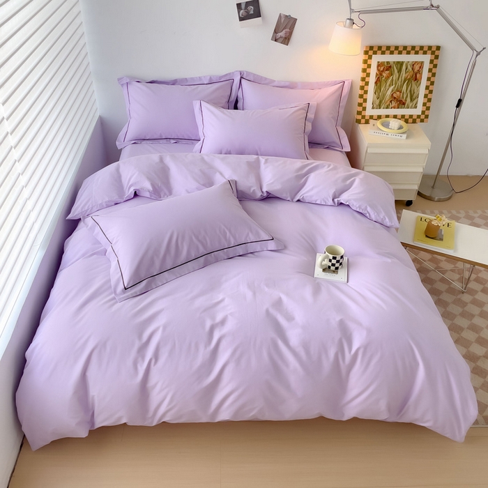 91家纺网 家纺一手货源 找家纺 锦彩家居 2026新款40支正宗13372双拼纯色全棉四件套酒店宾馆民宿学生三件套（可定制）标准号的床单是圆角吊边；小号和加大的床单都是直角 浅紫