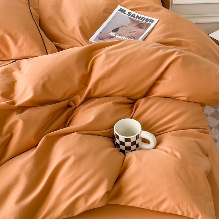 91家纺网 家纺一手货源 找家纺 锦彩家居 2026新款40支正宗13372双拼纯色全棉四件套酒店宾馆民宿学生三件套（可定制）标准号的床单是圆角吊边；小号和加大的床单都是直角 南瓜橘