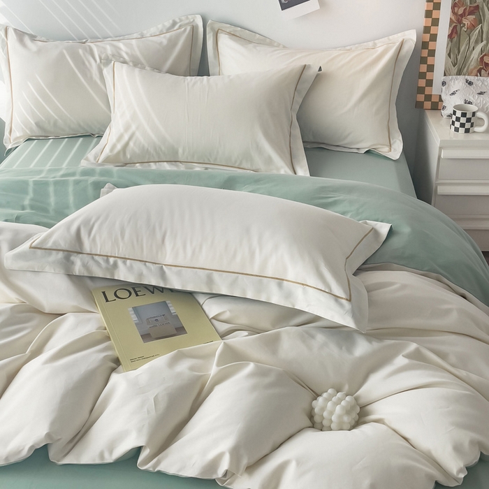 91家纺网 家纺一手货源 找家纺 锦彩家居 2026新款40支正宗13372双拼纯色全棉四件套酒店宾馆民宿学生三件套（可定制）标准号的床单是圆角吊边；小号和加大的床单都是直角 奶昔白-豆绿