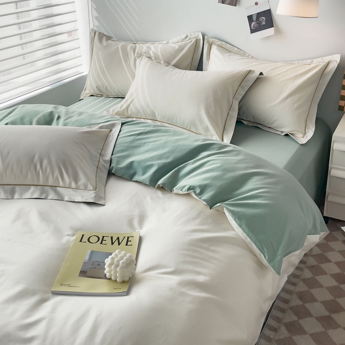 91家纺网 家纺一手货源 找家纺 锦彩家居 2026新款40支正宗13372双拼纯色全棉四件套酒店宾馆民宿学生三件套（可定制）标准号的床单是圆角吊边；小号和加大的床单都是直角 奶昔白-豆绿