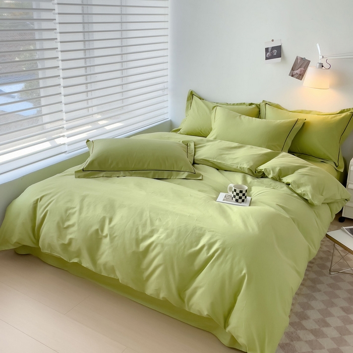 91家纺网 家纺一手货源 找家纺 锦彩家居 2026新款40支正宗13372双拼纯色全棉四件套酒店宾馆民宿学生三件套（可定制）标准号的床单是圆角吊边；小号和加大的床单都是直角 抹茶绿