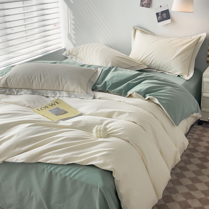 91家纺网 家纺一手货源 找家纺 锦彩家居 2026新款40支正宗13372双拼纯色全棉四件套酒店宾馆民宿学生三件套（可定制）标准号的床单是圆角吊边；小号和加大的床单都是直角 奶昔白-豆绿