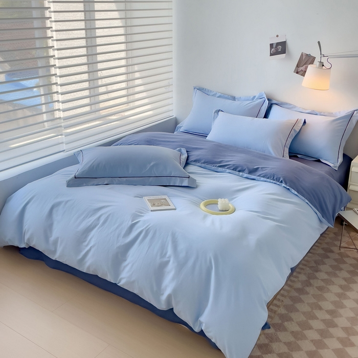 91家纺网 家纺一手货源 找家纺 锦彩家居 2026新款40支正宗13372双拼纯色全棉四件套酒店宾馆民宿学生三件套（可定制）标准号的床单是圆角吊边；小号和加大的床单都是直角 天蓝-宾利蓝