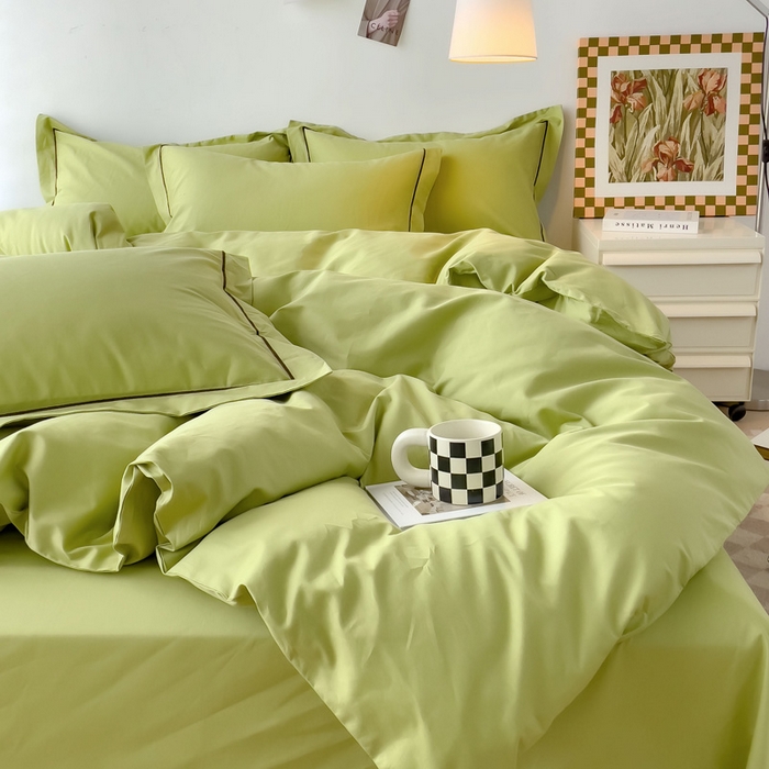91家纺网 家纺一手货源 找家纺 锦彩家居 2026新款40支正宗13372双拼纯色全棉四件套酒店宾馆民宿学生三件套（可定制）标准号的床单是圆角吊边；小号和加大的床单都是直角 抹茶绿