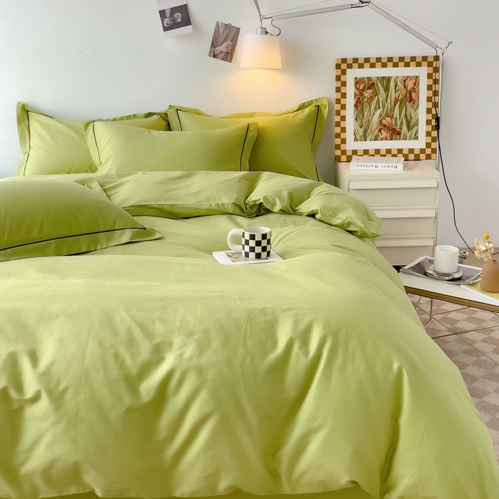 91家纺网 家纺一手货源 找家纺 锦彩家居 2026新款40支正宗13372双拼纯色全棉四件套酒店宾馆民宿学生三件套（可定制）标准号的床单是圆角吊边；小号和加大的床单都是直角 抹茶绿
