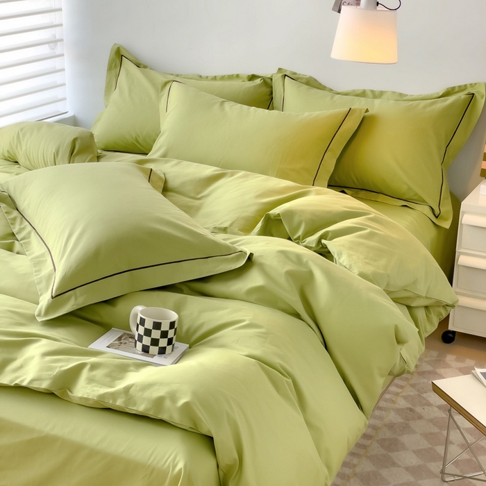 91家纺网 家纺一手货源 找家纺 锦彩家居 2026新款40支正宗13372双拼纯色全棉四件套酒店宾馆民宿学生三件套（可定制）标准号的床单是圆角吊边；小号和加大的床单都是直角 抹茶绿