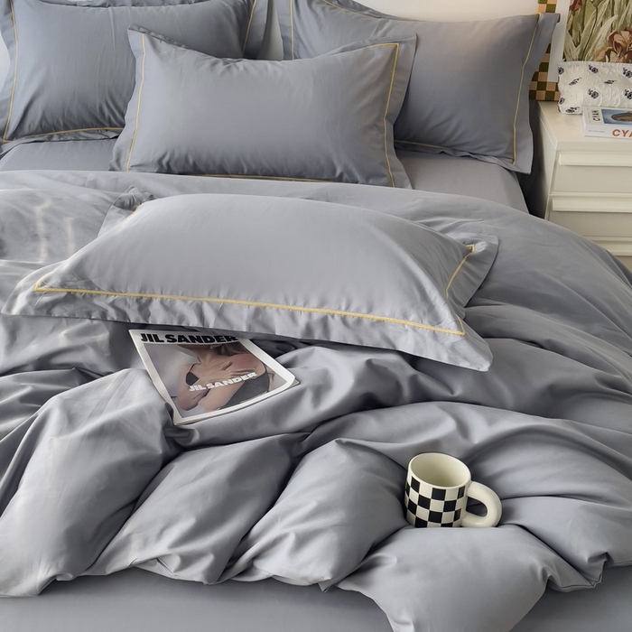 91家纺网 家纺一手货源 找家纺 锦彩家居 2026新款40支正宗13372双拼纯色全棉四件套酒店宾馆民宿学生三件套（可定制）标准号的床单是圆角吊边；小号和加大的床单都是直角 中灰