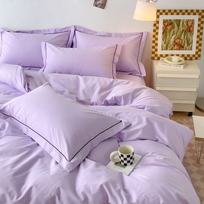 91家纺网 家纺一手货源 找家纺 锦彩家居 2026新款40支正宗13372双拼纯色全棉四件套酒店宾馆民宿学生三件套（可定制）标准号的床单是圆角吊边；小号和加大的床单都是直角 浅紫