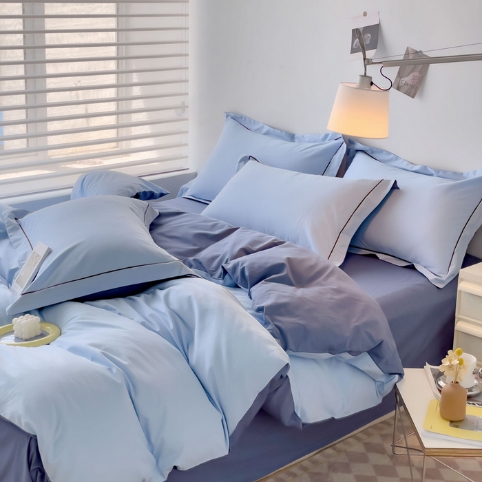 91家纺网 家纺一手货源 找家纺 锦彩家居 2026新款40支正宗13372双拼纯色全棉四件套酒店宾馆民宿学生三件套（可定制）标准号的床单是圆角吊边；小号和加大的床单都是直角 天蓝-宾利蓝