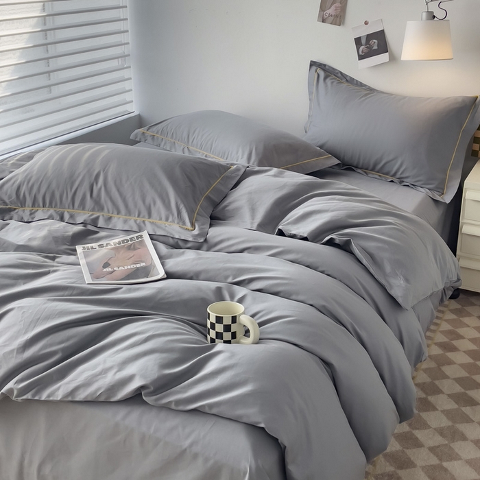 91家纺网 家纺一手货源 找家纺 锦彩家居 2026新款40支正宗13372双拼纯色全棉四件套酒店宾馆民宿学生三件套（可定制）标准号的床单是圆角吊边；小号和加大的床单都是直角 中灰