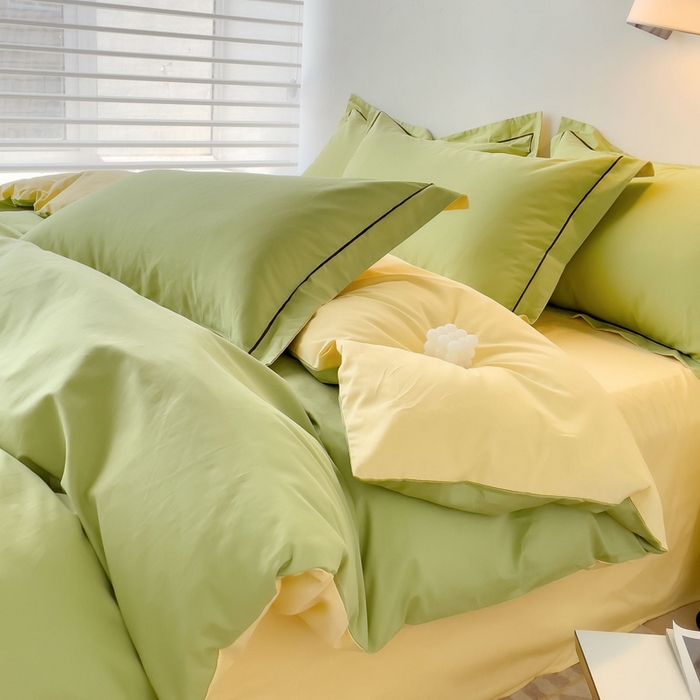 锦彩家居 2026新款40支正宗13372双拼纯色全棉四件套酒店宾馆民宿学生三件套（可定制）标准号的床单是圆角吊边；小号和加大的床单都是直角 抹茶绿-初黄
