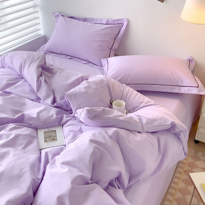91家纺网 家纺一手货源 找家纺 锦彩家居 2026新款40支正宗13372双拼纯色全棉四件套酒店宾馆民宿学生三件套（可定制）标准号的床单是圆角吊边；小号和加大的床单都是直角 浅紫