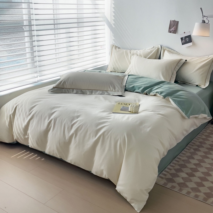 91家纺网 家纺一手货源 找家纺 锦彩家居 2026新款40支正宗13372双拼纯色全棉四件套酒店宾馆民宿学生三件套（可定制）标准号的床单是圆角吊边；小号和加大的床单都是直角 奶昔白-豆绿