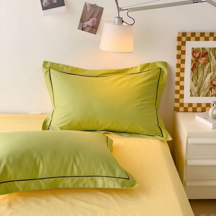 91家纺网 家纺一手货源 找家纺 锦彩家居 2026新款40支正宗13372双拼纯色全棉四件套酒店宾馆民宿学生三件套（可定制）标准号的床单是圆角吊边；小号和加大的床单都是直角 抹茶绿-初黄