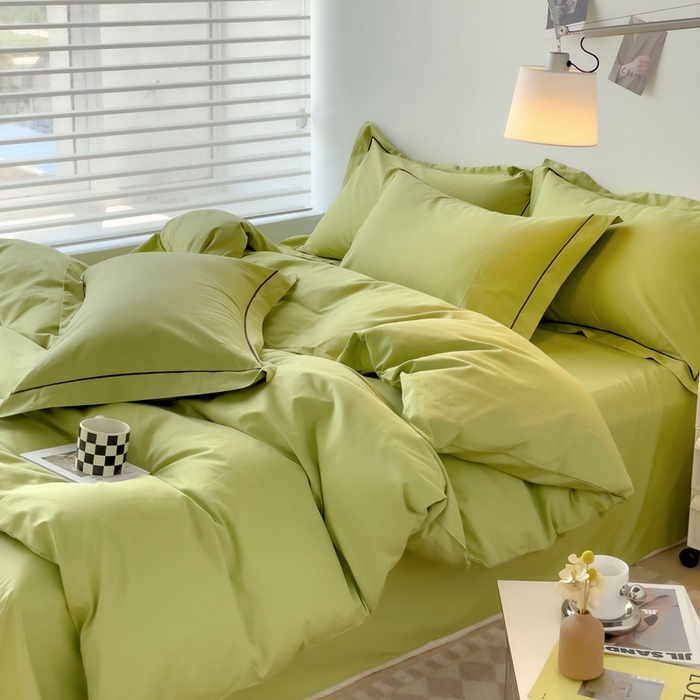 91家纺网 家纺一手货源 找家纺 锦彩家居 2026新款40支正宗13372双拼纯色全棉四件套酒店宾馆民宿学生三件套（可定制）标准号的床单是圆角吊边；小号和加大的床单都是直角 抹茶绿