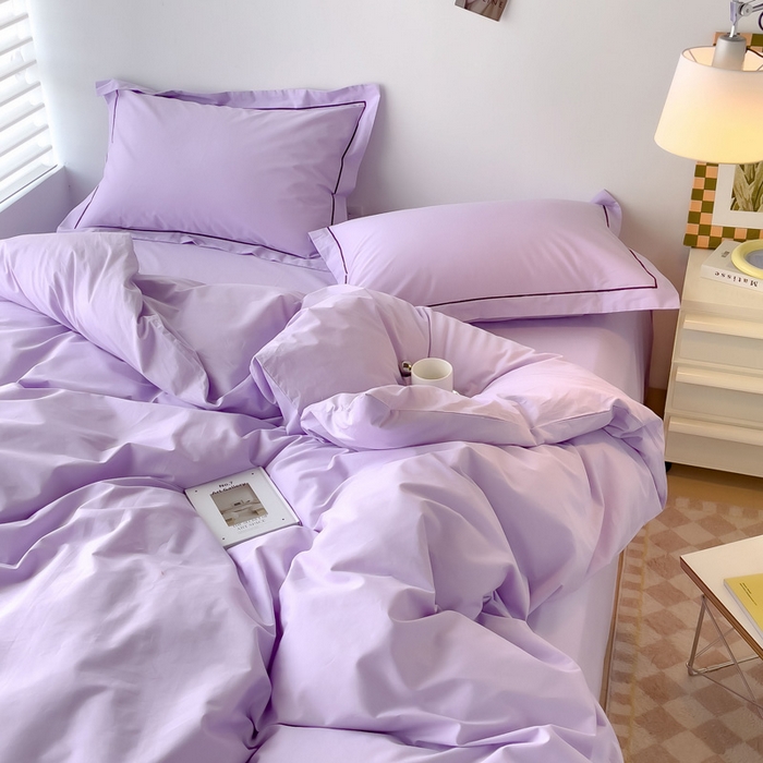 91家纺网 家纺一手货源 找家纺 锦彩家居 2026新款40支正宗13372双拼纯色全棉四件套酒店宾馆民宿学生三件套（可定制）标准号的床单是圆角吊边；小号和加大的床单都是直角 浅紫