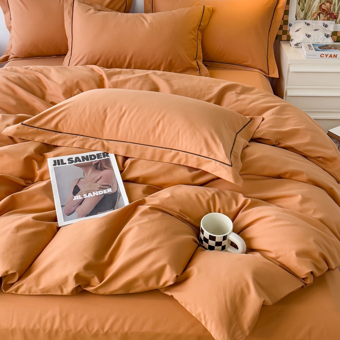 91家纺网 家纺一手货源 找家纺 锦彩家居 2026新款40支正宗13372双拼纯色全棉四件套酒店宾馆民宿学生三件套（可定制）标准号的床单是圆角吊边；小号和加大的床单都是直角 南瓜橘